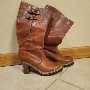 Frye Tan Heeled Boots with Buckle Detail